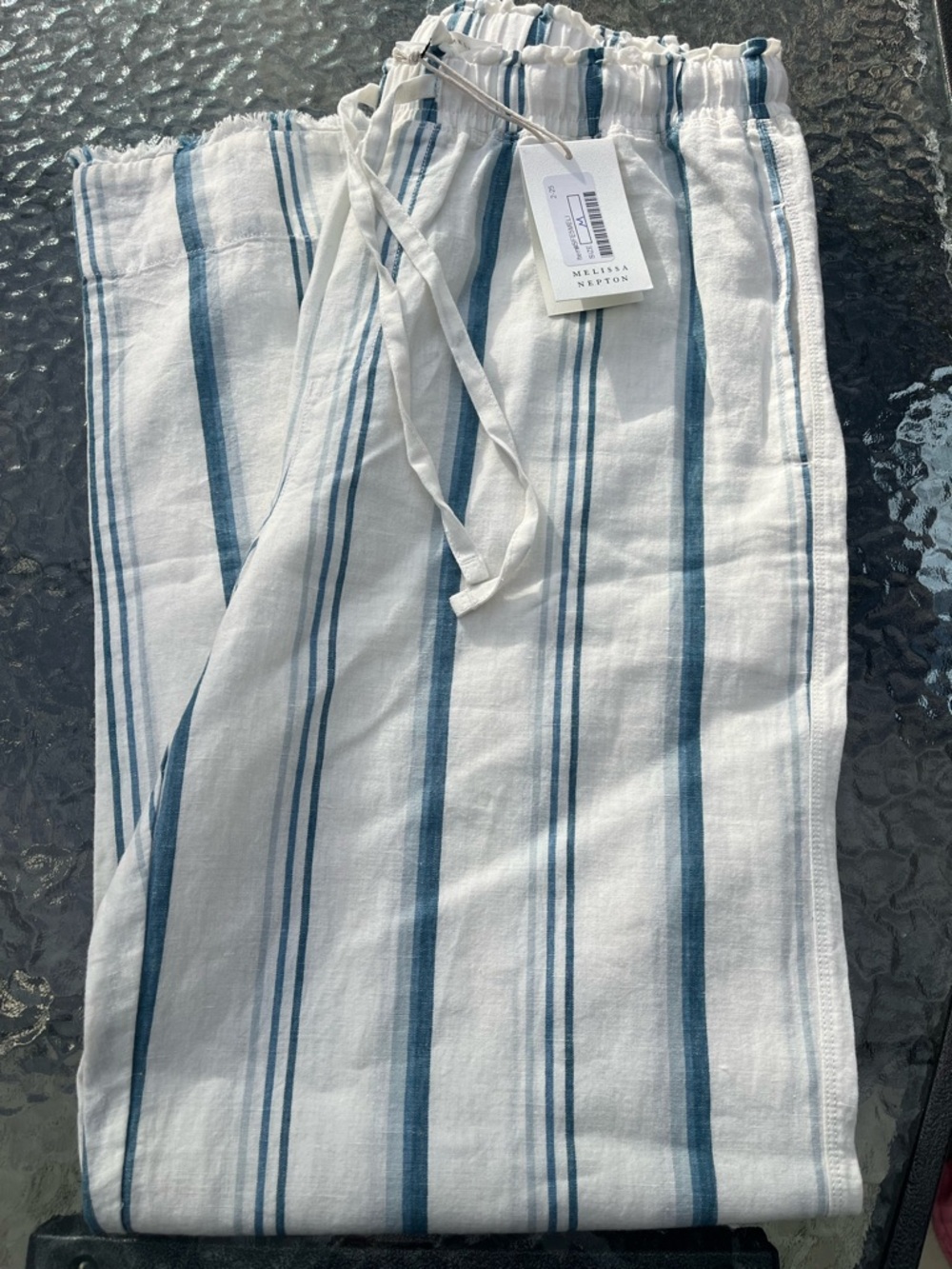 MELISSA NEPTON White & Blue Striped Linen Drawstring Pants